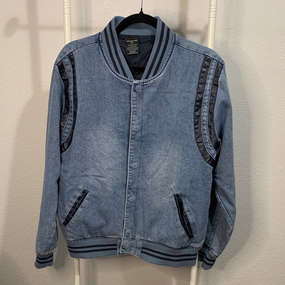 Ring‎ of Fire Blue Denim Bomber Jacket with Navy Accents
